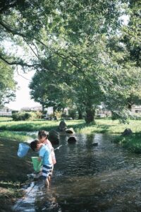 流山市・野々下水辺公園の浅瀬で水遊びを楽しむきょうだい。木陰とせせらぎに囲まれた、夏らしいひととき